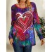 Women Graffiti Heart Floral Print Round Neck Casual Long Sleeve T  Shirt