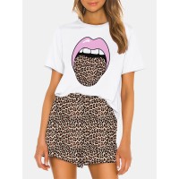 Women Funny Leopard Print Round Neck Short Sleeve Breathable Pajama Set