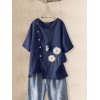 Women Vintage O  neck Button Daisy Floral Print Short Sleeves T  shirts
