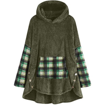 Women Lattice Hit Color Irregular Hem Hooded Fleece Sweatshirt