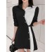 Contrast Color Irregular Button Lapel 3 4 Sleeve Shirt Dress