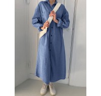 Solid Button Pocket Loose Lapel Denim Shirt Dress