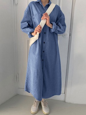 Solid Button Pocket Loose Lapel Denim Shirt Dress