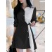 Contrast Color Irregular Button Lapel 3 4 Sleeve Shirt Dress