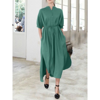 Solid Color Half Sleeve V  neck Knotted Shirt Dress