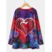 Women Graffiti Heart Floral Print Round Neck Casual Long Sleeve T  Shirt