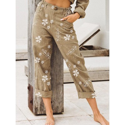 Casual Flowers Print Loose Pocket Long Pants For Women