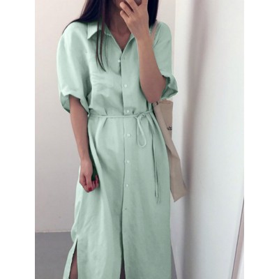 Solid Slit Half Sleeve Belt Lapel Button Down Shirt Dress