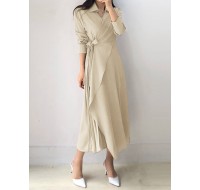 Solid Cross Front Tie Pleated Long Sleeve Lapel Shirt Dress