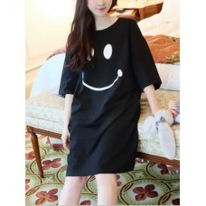 Women Funny Smile Print Round Neck Home Breathable Nightgown