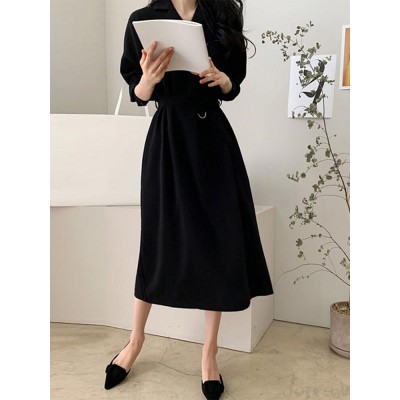 Solid Belt Button Lapel Long Sleeve Casual Shirt Dress