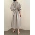 Solid Belt Loose Puff Long Sleeve V  neck Shirt Dress