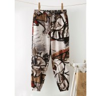 Ethnic Graffiti Print Drawstring Pocket Elastic Waist Harem Pants For Women