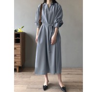 Solid Belt Loose Puff Long Sleeve V  neck Shirt Dress