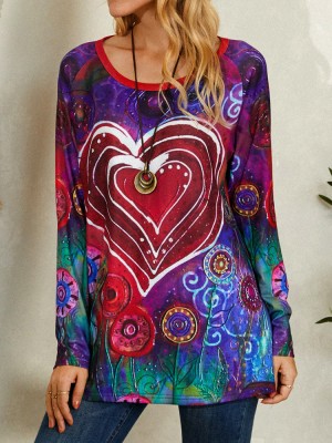 Women Graffiti Heart Floral Print Round Neck Casual Long Sleeve T  Shirt