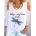 Women Letter Print Dragonfly Pattern Scoop Neck Long Sleeve Casual T  Shirts