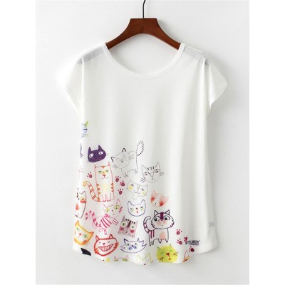 Women Short Sleeve Round Neck Cat Print Loose Women T  shirts