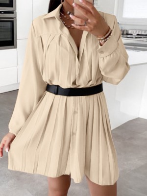 Pleated Solid Button Long Sleeve Lapel Casual Shirt Dress