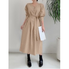 Solid Color Long Sleeve V  neck Shirt Dress With Belt