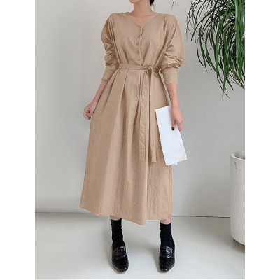 Solid Color Long Sleeve V  neck Shirt Dress With Belt