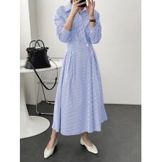 Stripe Print Lapel Long Sleeve Button Elastic Waist Shirt Dress