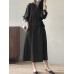 Solid Belt Loose Puff Long Sleeve V  neck Shirt Dress