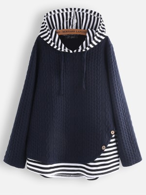 Jacquard Striped Patchwork Button Knit Hooded Sweatshirt